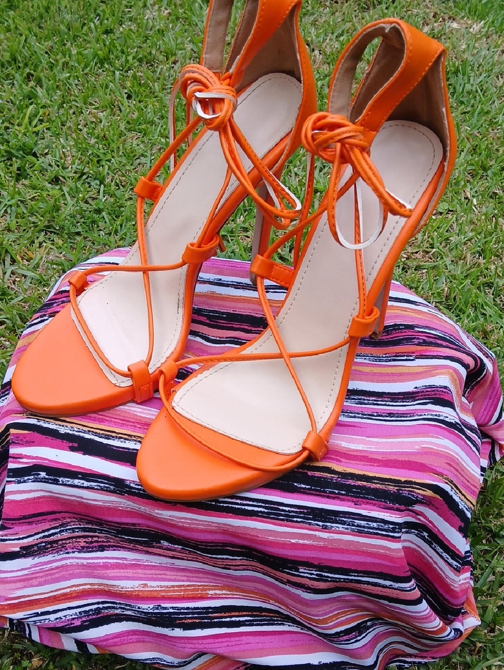 Women's Orange Lace-Up High Heel Sandals